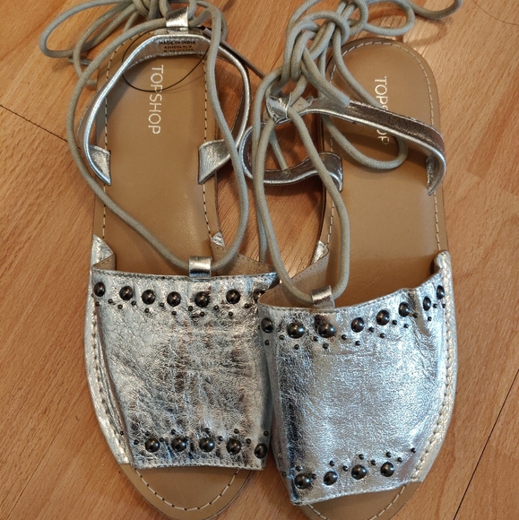 Shiny Silver Leather Flat Sandals